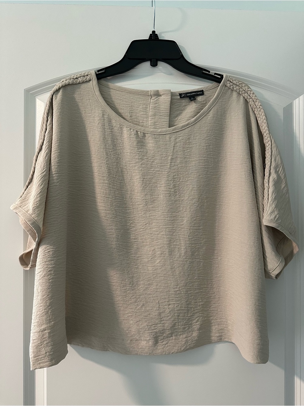 Adrianna Papell Beige Short Sleeve Boxy Top with Braided Shoulder Trim